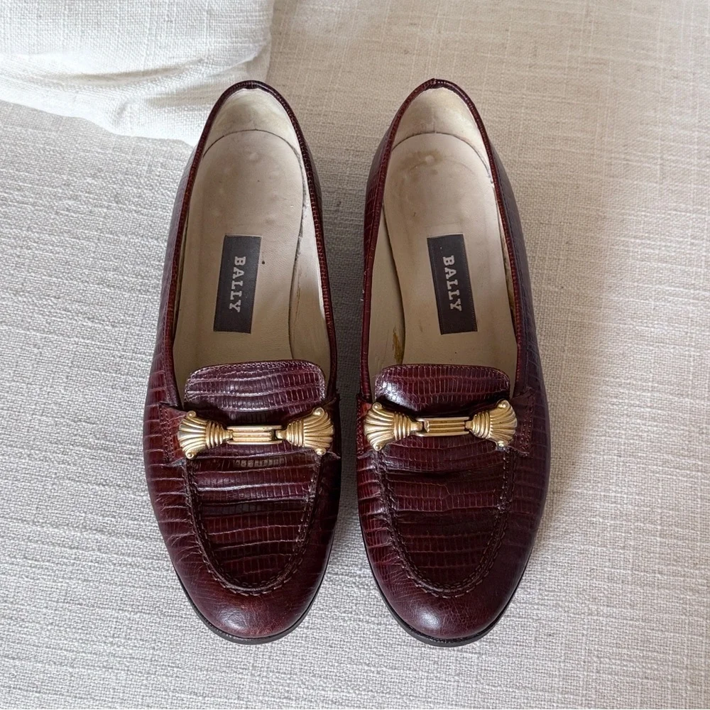 Vintage 90s Bally LEATHER Buckle Oxfords 1990s Brown Croc Embossed‎ Size 6 1/2 M